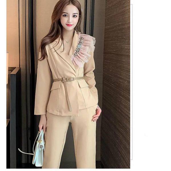 

women's two piece pants 2 set long sleeve suit women office outfit, White