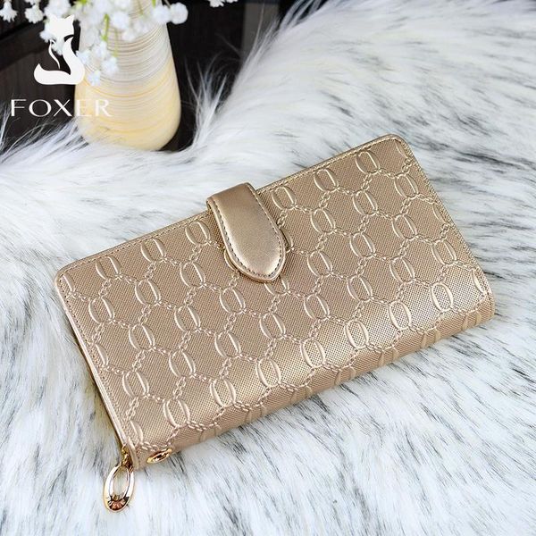 

foxer brand womens long cow leather wallets ladies clutch bags famous designer purses women purse fashion female cowhide wallet, Red;black