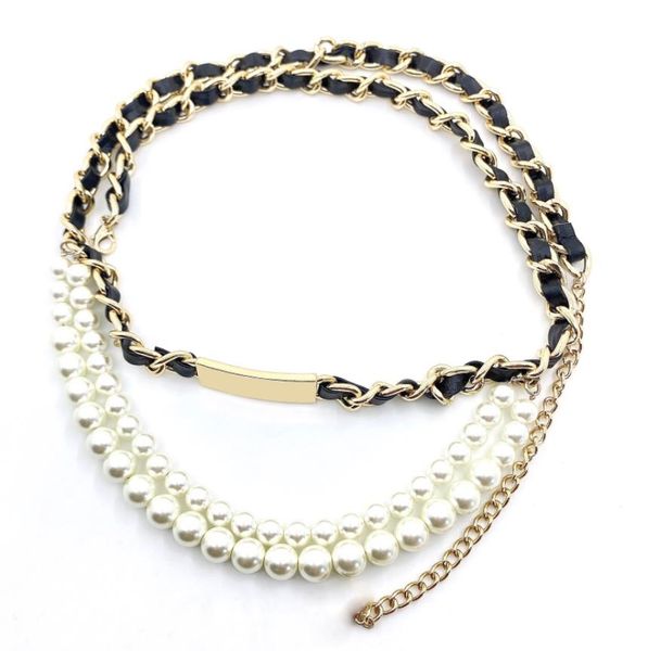 

designer belts women's runway fashion metal chain pearl cummerbunds female dress coat corsets waistband decoration narrow belt, Black;brown