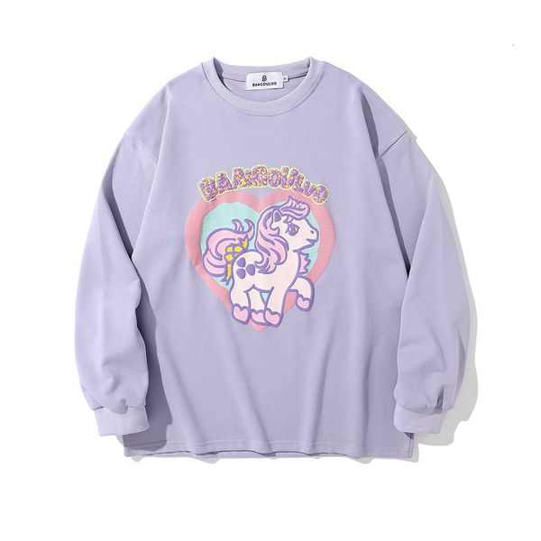 

sweatshirts cartoon unicorn printed sweater mens high street fashion brand loose round neck long sleeve trend pullover hoodie, Black