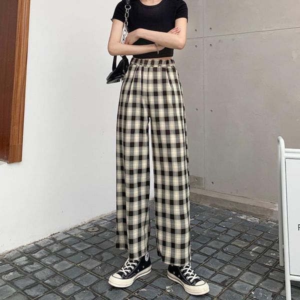 

women's pants & capris harajuku spring autumn high waist vintage plaid causal long women summer street fashion straight wide leg pant p, Black;white