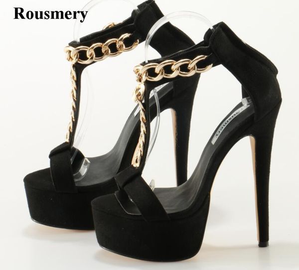 

summer women fashion open toe t-strap black suede leather high platform sandals gold chain design heels dress shoe
