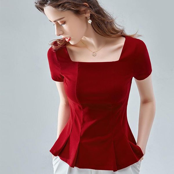 

women's t-shirt short sleeve summer cotton waist tuck hem french square collar top, White