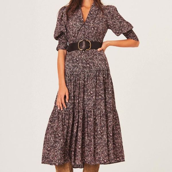 

casual dresses women v-neck floral print midi dress 2021 autumn lantern sleeve ladies mid-length robes clothes, Black;gray