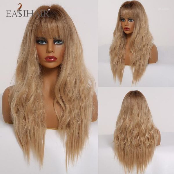 

synthetic wavy wig long ombre blonde with light brown highlight natural bangs for black women african american1