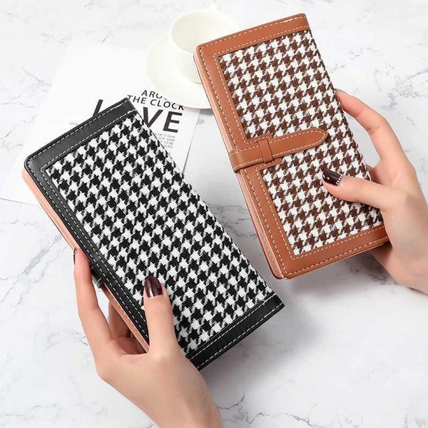 

purse style wallet ladies long houndstooth large capacity multi-card slot simple folding coin, White