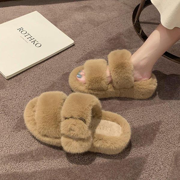 

winter women house furry slippers fashion faux fur warm shoes slip on flats female home slides black plush
