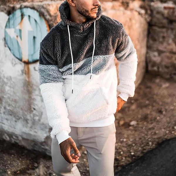 

men's hoodies & sweatshirts autumn casual loose plush hooded sweater striped color-blocking long sleeve pullovers male lamb wool, Black