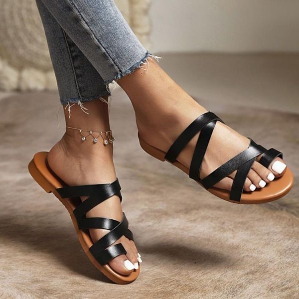 

slippers 2021 summer thong women black leather cross-tied flip-flops sandals flat heel outside casual female beach shoes