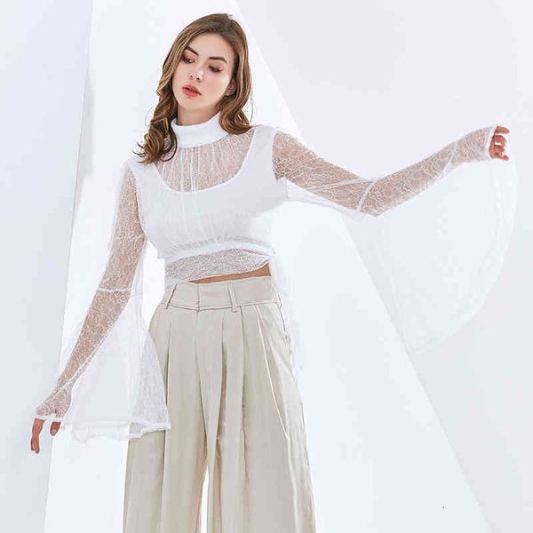

hoodie elegant shirts for women stand collar flare long sleeve loose perspective lace short blouses female 2021 autumn, Black