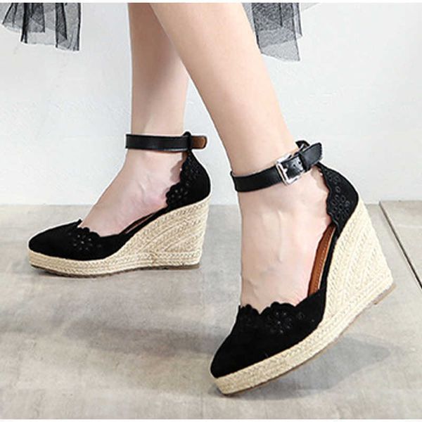

women's wedge sandals 2021 summer hollow out casual single shoes women's fashion pointed toe straw high heels thick bottom shoes y, Black