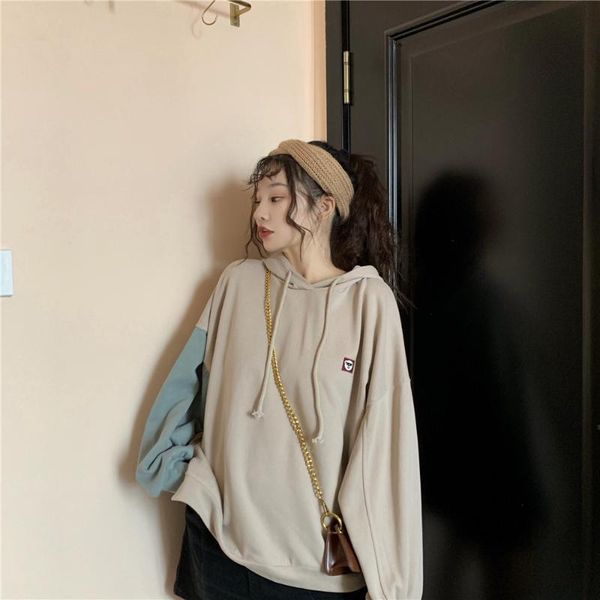 

women's hoodies & sweatshirts korean spring fall preppy style women clothing long sleeve loose panelled patchwork hooded pullovers swe, Black