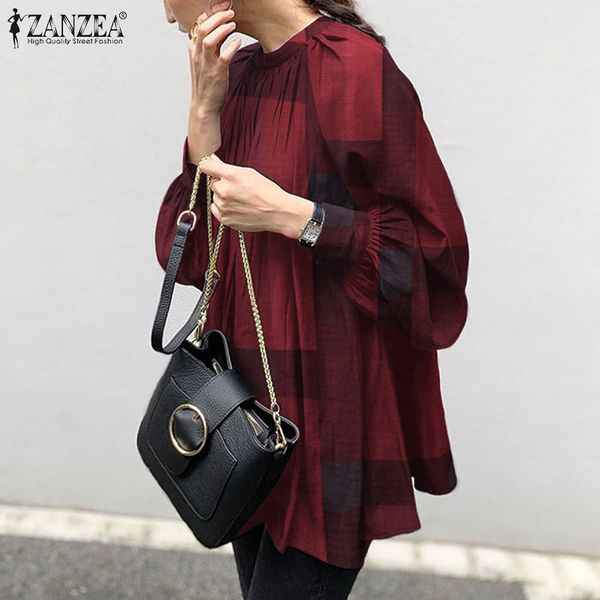

blouses plus size elegant check shirts women's back button blouse 2021 casual puff sleeve blusas female plaid tunic s-5xl, White