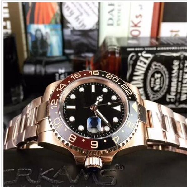 

new model ceramic bezel stainless steel watch strap gmt ii cerachrom black - brown bezels 40mm automatic rose gold men watches, Slivery;brown