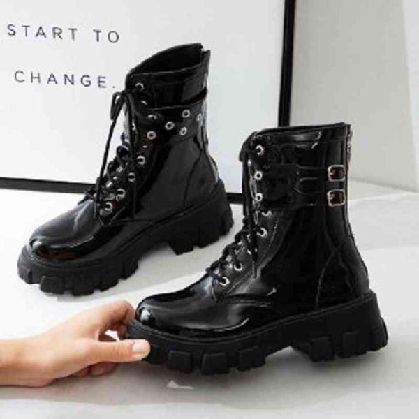 

boots platform patent leather boots female rebite fall punk motorcycle gothic block shoes mid-calf 9sc4, Black