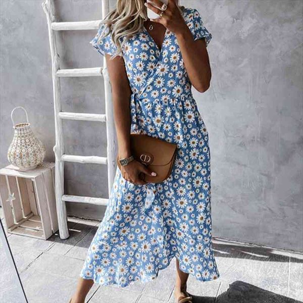 

summer short sleeve loose maxi beach dress 2xl spring retro daisy print wrap party dress women casual lace-up belted long, Black;gray