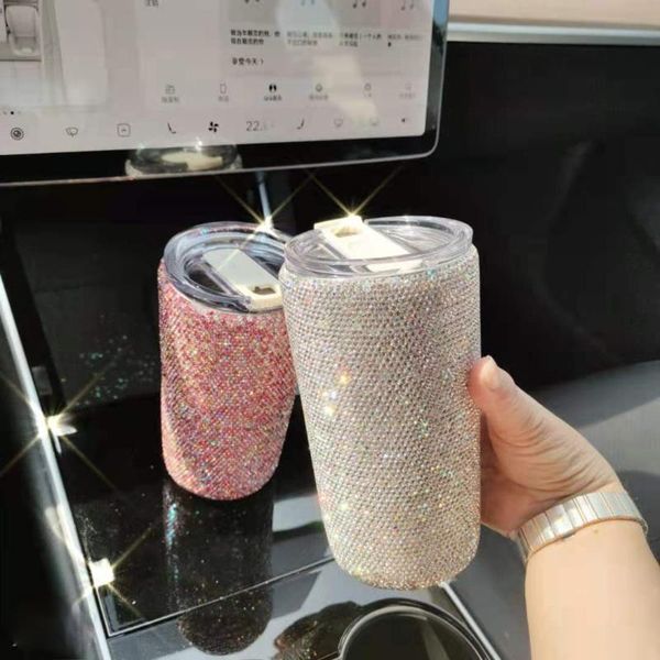 

water bottles double-layer stainless steel bottle cute tumbler diamond-studded flask portable belt rope mugs coffee cups