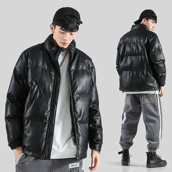 

men's down & parkas 2021 winter cotton-padded pu leather jacket casual slim bomber men warm parka mens puffy jackets and coats b353, Black