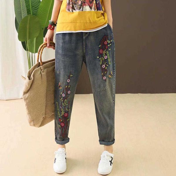 

arrival spring autumn women elastic waist cotton denim harem pants flower embroidery vintage loose jeans plus size d493 210608, Blue
