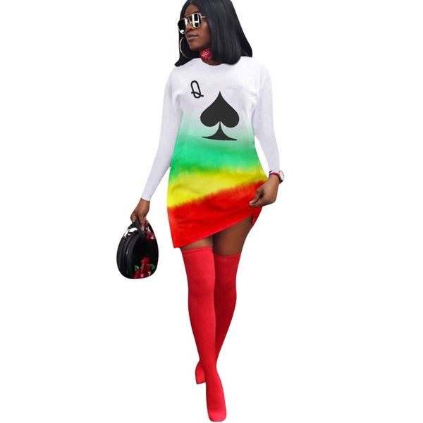 

gradient color long sleeve dress women straight casual loungewear printed poker q fashion streetwear summer fall short dressby, Black;white