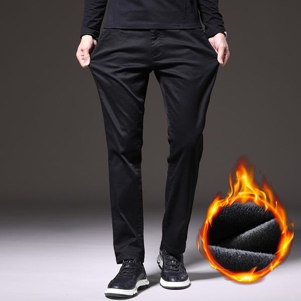 

men's pants men winter fleece casual business fashion regular fit cotton stretch thick warm straight trousers male brand clothes, Black