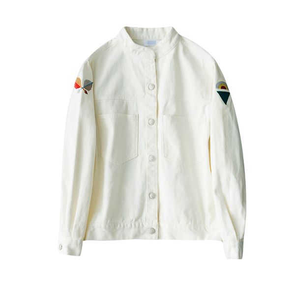 Capispalla da donna Jean Denim Bomber Jacket Tasca con bottoni Ricamo bianco Spalla geometrica C0007 210514