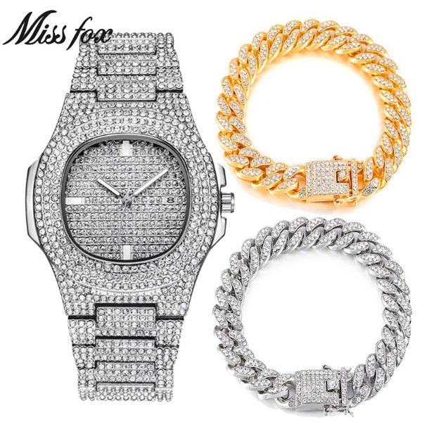 

wristwatches silver color necklace +watch+bracelet hip hop miami curb cuban chain iced out paved rhinestones cz bling rapper for men jewelry, Slivery;brown