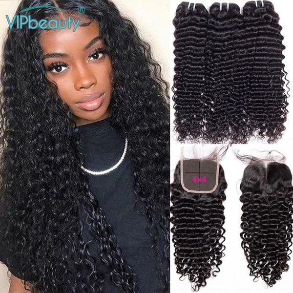 

human hair bulks deep wave bundles with closure frontal brazilian curly 3 4 bundle vipbeauty remy weave, Black