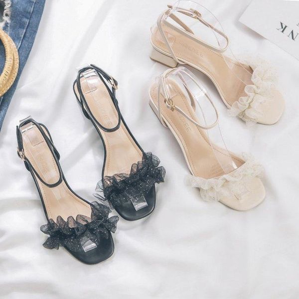 

summer niche high heels with chunky heel french style fairy square toe roman sandals women's mid open shoes, Black