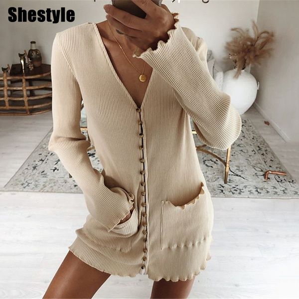

shestyle khaki autumn long sweater women homewear ruffles v neck button up knitted casual oversize coat vintage cardigans dressing, Black;white