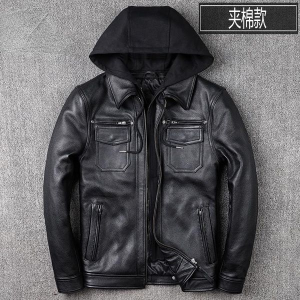 

men's leather & faux genuine cow jacket winter short black cowhide jackets man's coat hooded veste cuir homme sqq845