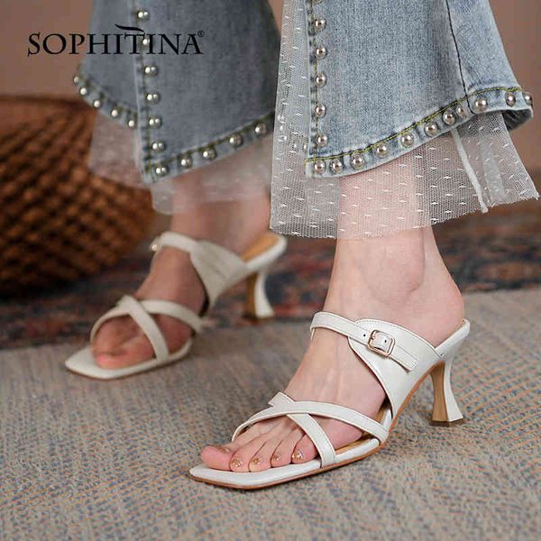 

sophitina slip-on sandals female high-heeled pin buckle cross narrow band fashion outer wear shoes summer women's slippers ao751 210513, Black