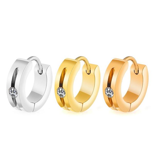 

hoop & huggie 1 pair slot with crystal stud round titanium steel earrings for men and women hip hop ear jewelry, Golden;silver