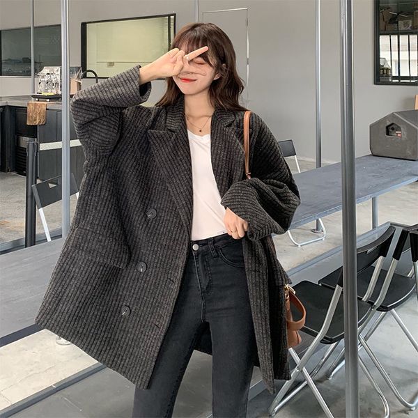 

autumn and winter plus size loose woolen jacket women's suit fashion trend oversized striper y161 blazer ibuy, White;black