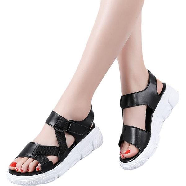 

women's sandals women ladies summer fashion leather wedges comfort big size shoes round toe, Black