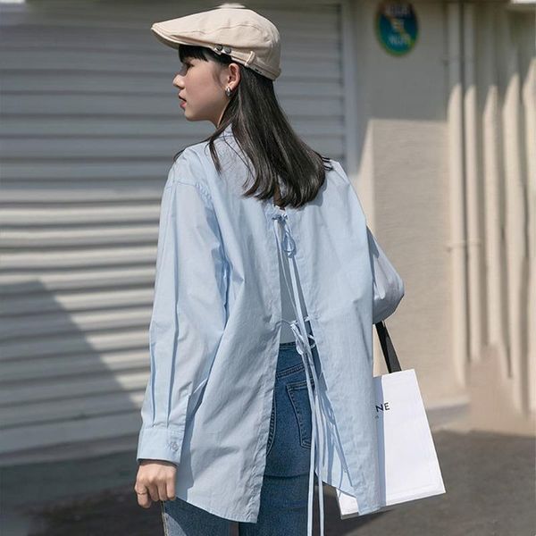

women's blouses & shirts back hollow out bandage women summer 2021 loose solid blue casual all match female outwear coats, White