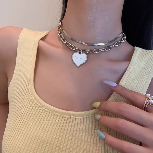

pendant necklaces titanium steel enamel love heart necklace korea double layers clavicle chain choker female trend jewelry, Silver