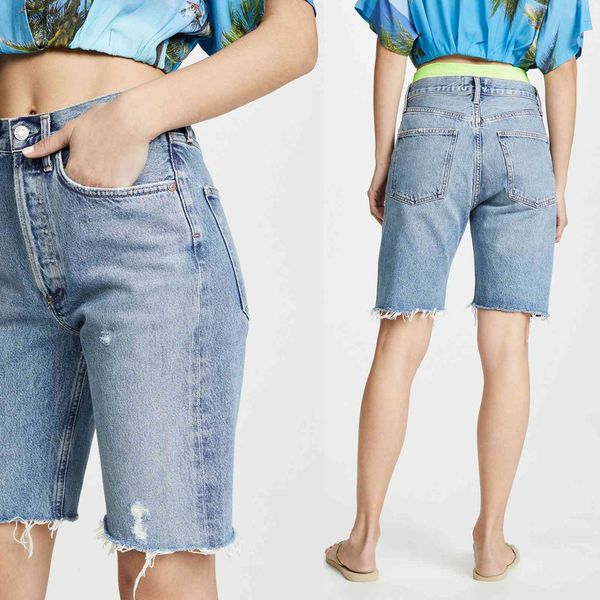 

jeans spring high-waisted breasted 5 points denim pants without elastic loose all-match u1oi, Blue