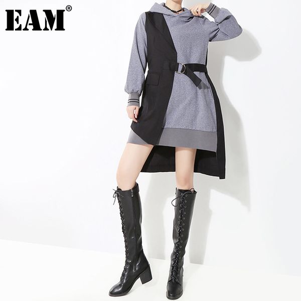 

[eam] women gray black spliced irregular hasp dress new hooded long sleeve loose fit fashion tide spring autumn 2021 1dd1124 210319, Black;gray