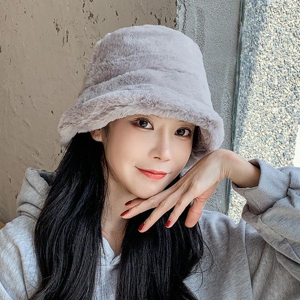

wide brim hats winter thicken warm women bucket hat solid color fur plush ladies cap outdoor sun cute panama, Blue;gray