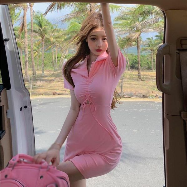 

casual dresses hollow out short-sleevs bodycon women summer fashion solid color turn-down collar ladies dress, Black;gray