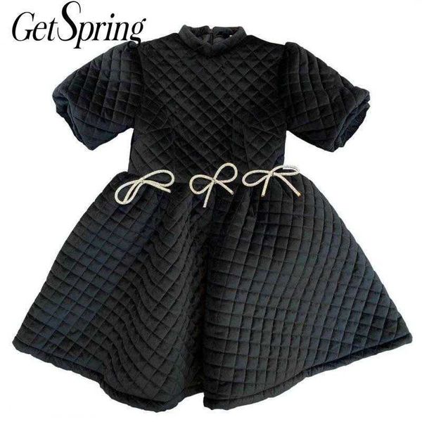 

getspring women dress cotton padded winter black es puff sleeve diamond bow high waist long all match vintage es 210601, Black;gray