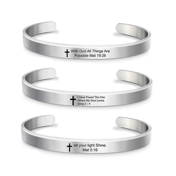 

bangle engraved faith cross bible psalm cuff for women stainlee steel christian verse pulseras mujer, Black