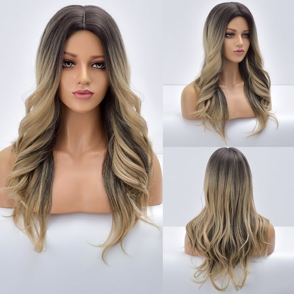 Parrucche per capelli ricci lunghi di marca LX per donna Parrucca sintetica da marrone a biondo Ombre Parte centrale Cosplay Fibra ondulata resistente al calore