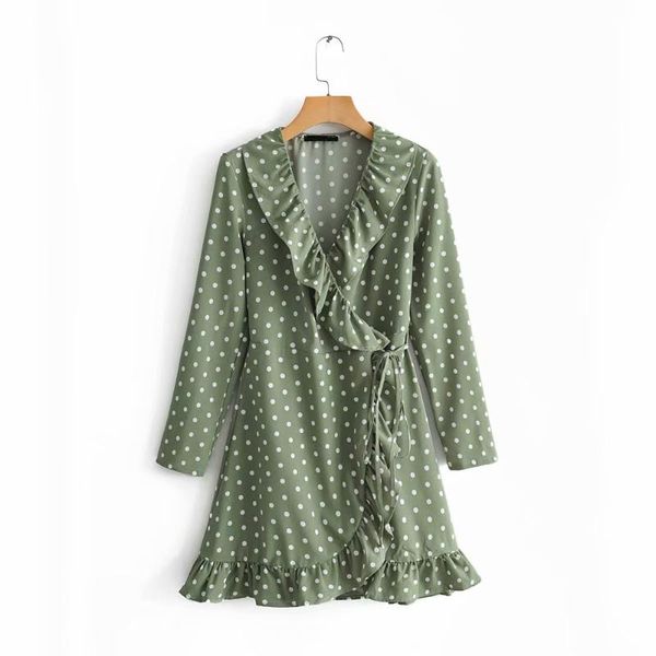 

casual dresses ruffles polka dot dress women autumn long sleeve v-neck elegant boho beach mini good quanlity, Black;gray