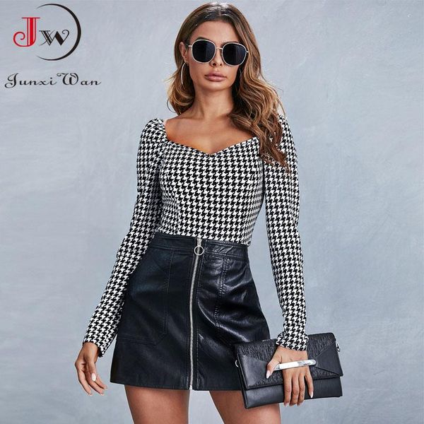 

women's blouses & shirts retro vintage houndstooth print women blouse shirt spring autumn square collar puff long sleeve slim short pu, White
