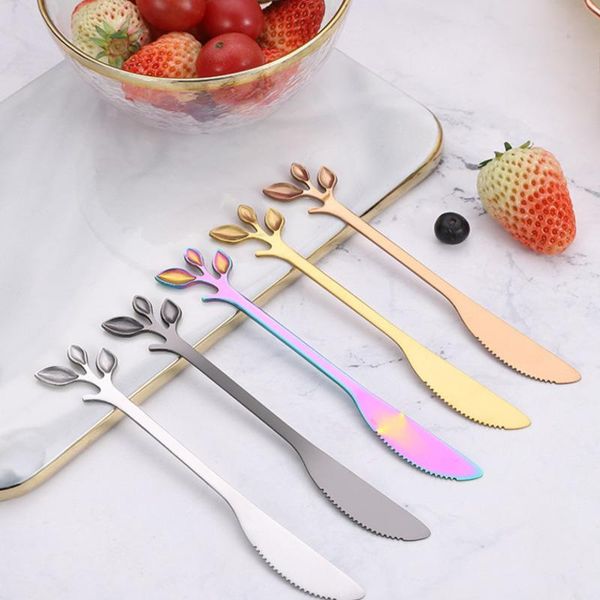 

forks 1 pieces rainbow fork spoon cake knife leaf shape 304 stainless steel dessert fruit tableware accessory