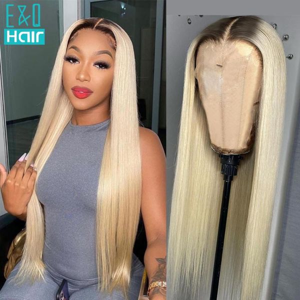 

lace wigs ombre blonde wig human hair for women long straight brazilian remy transparent part 1b613 pre plucked 180%, Black;brown