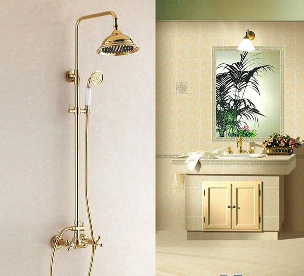 

rainfall shower faucet brass gold finished wall mounted set dual hanlde bathroom sets
