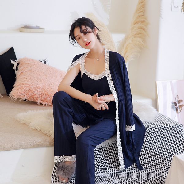 

women's sleepwear autumn women pajamas three-piece suit cotton breathable lace comfortable nzm9, Black;red